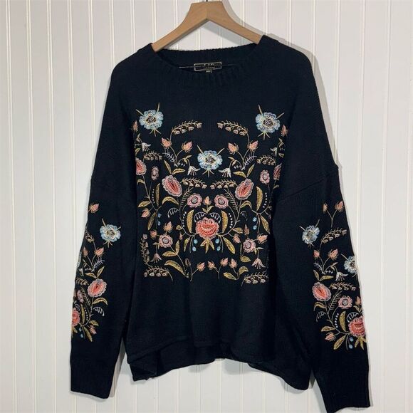 Lucky & Blessed Embroidered Sweater 2X 3X Black Floral Boho Cottagecore Cozy - Picture 1 of 4